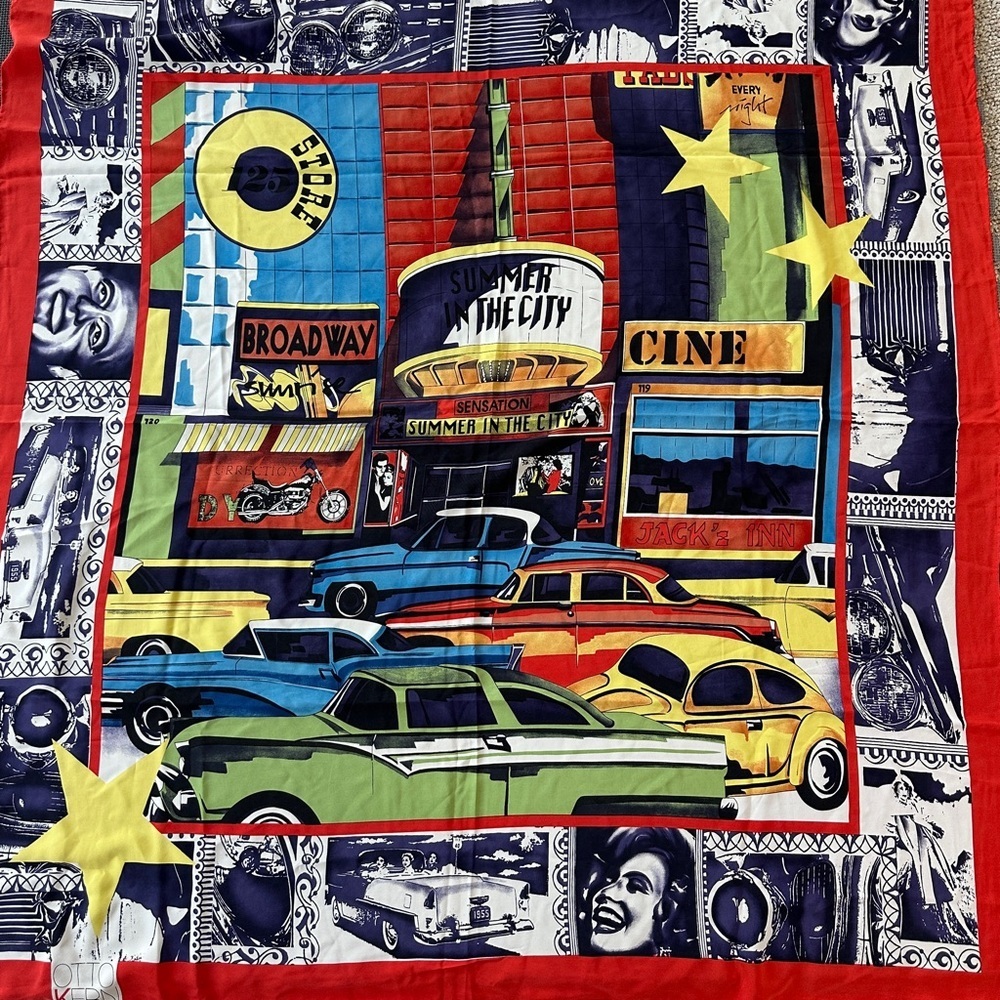 Otto Kern Silk Scarf Large Square Retro Pop Art Broadway Cars Print